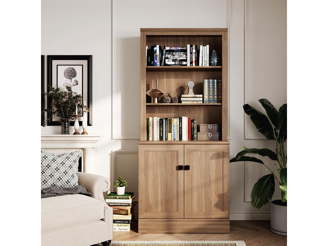 Farmhouse Bookcase with Doors, 72' Tall 5Tier Bookshelf with Adjustable Shelves & Storage Cabinet, Display Bookshelves for Living Room, Study, Home...
