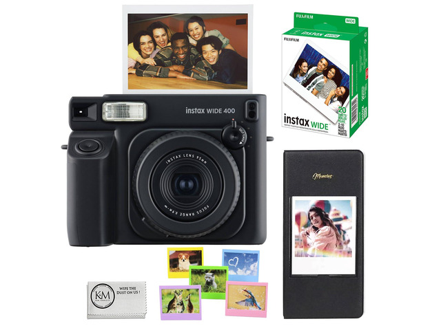 INSTAX Wide 400 Instant Camera Jet Black Bundled with INSTAX Wide Instant Film 20 Exposures + Wide Album & Colored Frames + Cleaning Cloth (4...