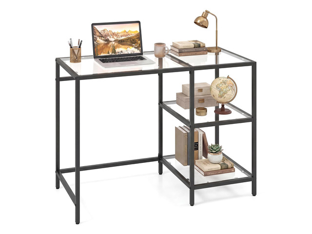Computer Desk, 42 Inch Home Office Desk with Tempered Glass, Storage Shelves & Metal Frame, Modern Work PC Desk, Study Writing Table for Small...