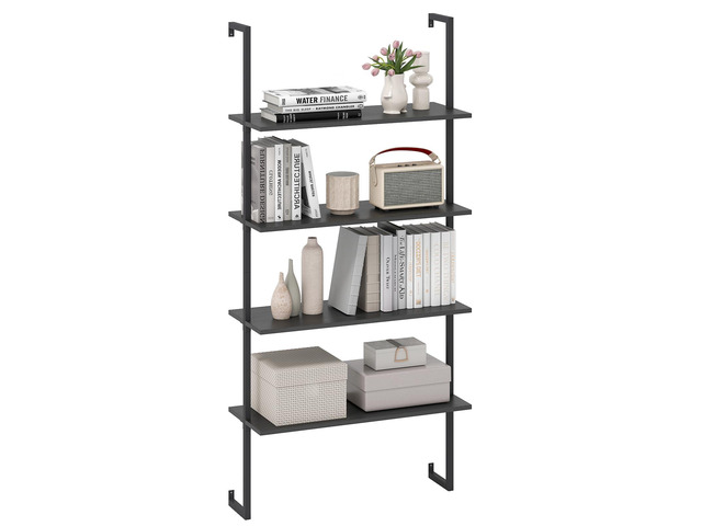 4 Tier Modern Wall Mounted Bookshelf, 64' Industrial Wood Bookcase with Metal Frame, Display Storage Rack Organizer, Ladder Shelf Bookcase for...