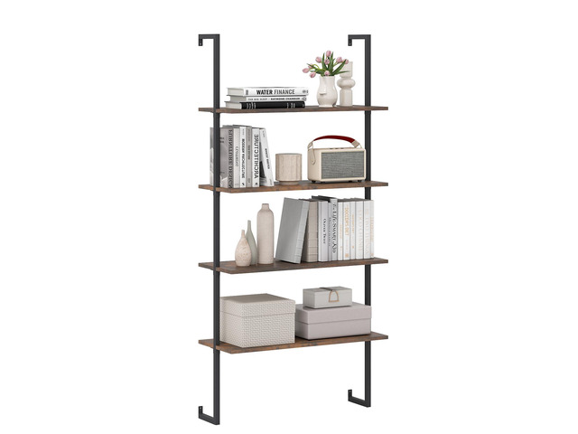 4 Tier Modern Wall Mounted Bookshelf Rustic Brown, 64' Industrial Wood Bookcase with Metal Frame, Display Storage Rack Organizer, Ladder Shelf...