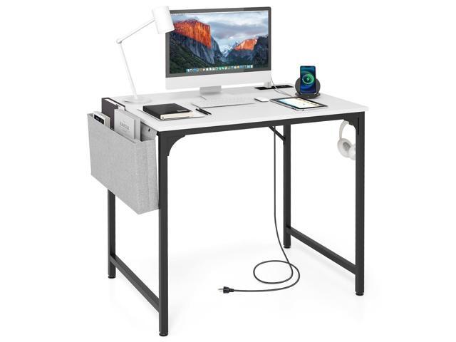 32 Computer Desk with Charging Station, Modern Simple Study Writing Desk with Storage Bag, Headphone Hook, Sturdy Metal Frame, Home Office Workstation