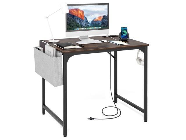 32 Computer Desk with Charging Station, Modern Simple Study Writing Desk with Storage Bag, Headphone Hook, Sturdy Metal Frame, Home Office Workstation