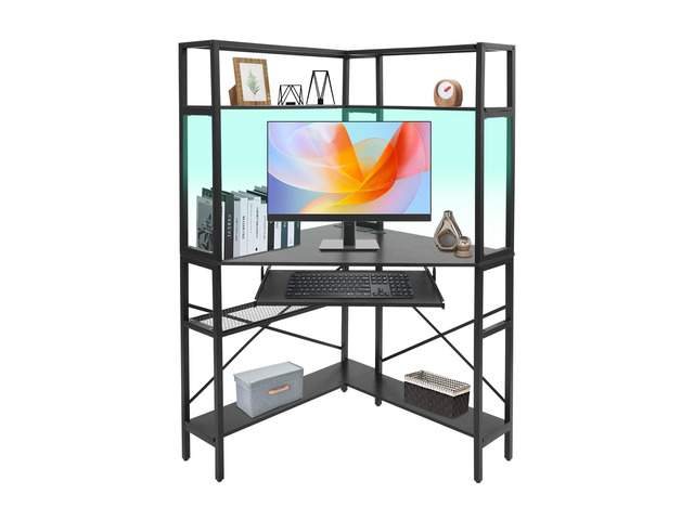 Corner Desk, Triangle Corner Computer Desk with Keyboard Tray and USB Ports, Small Computer Desk with Hutch and LED Lights ComputerDesk for Small...
