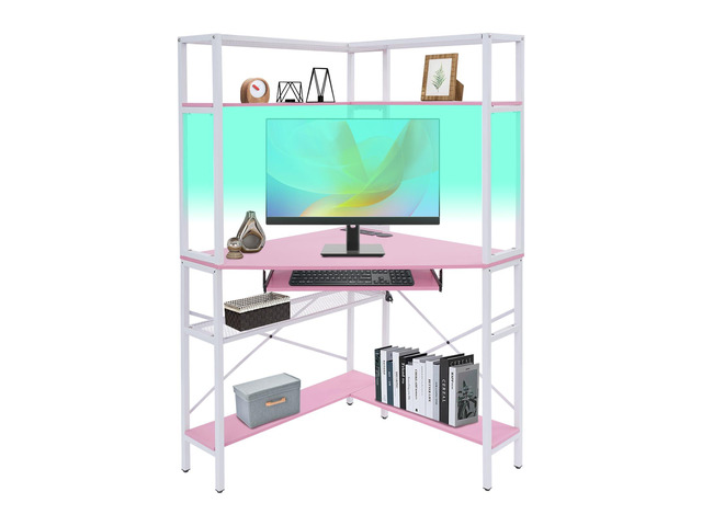 Corner Desk, Triangle Corner Computer Desk with 2 USB Ports and 2 AC sockets, Small Computer Desk with Hutch and LED Lights ComputerDesk for Small...