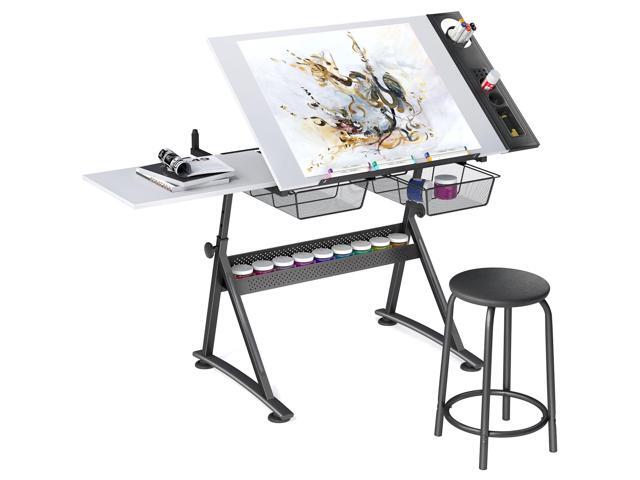 Adjustable Height Drafting Table with Wood Top, Art Craft Desk with Slide-Out Drawers, Storage, for Drawing, Writing, Painting, and Creative Tasks,.