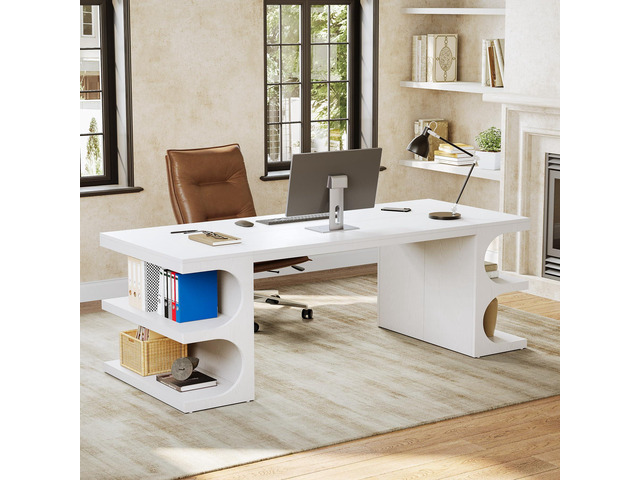 62.2-Inch Executive Desk, Modern Home Office Desks, Office Table with Storage Shelves for Workspace, Large Computer Desk, Long Contemporary Writing...