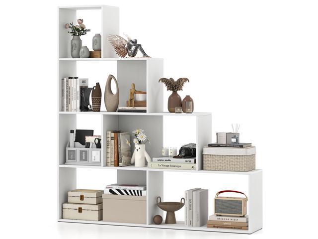 6 Cube Geometric Bookshelf White, 4-Tier L-Shaped Bookcase with Cubes, Freestanding Ladder Corner Display Shelf w/Anti-Toppling Kits, Modern...