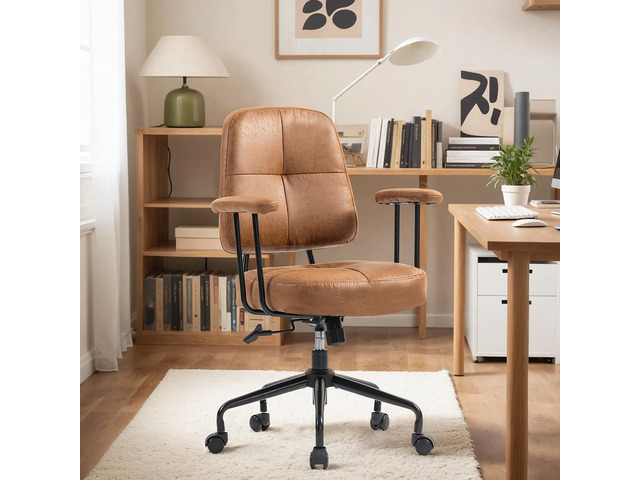 Home Office Desk Chair, Faux Leather, with Armrests & Wheels, Adjustable, Brown