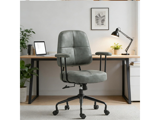 Home Office Chair, Upholstered Desk Chair with Armrests, Mid Century Modern Comfy Computer Chair with Wheels, Adjustable Faux Leather Desk Chair...