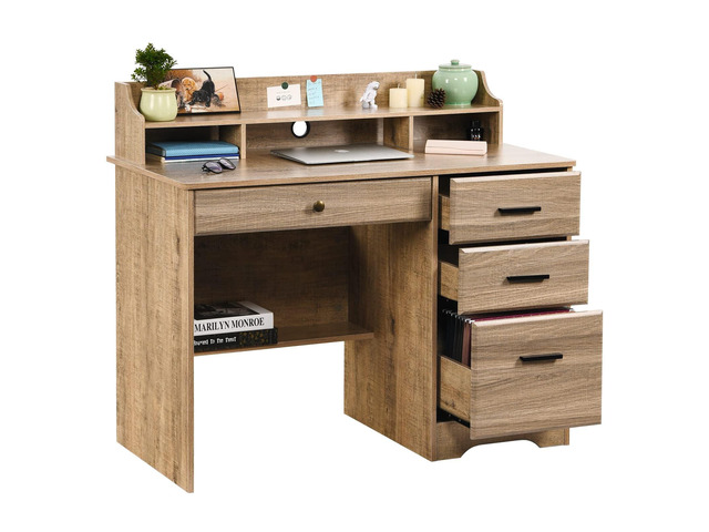 Computer Desk with 4 Drawers and Storage, Small Office Desk with File Drawers and Hutch, Farmhouse Wood Writing Student Table for Home Office,...
