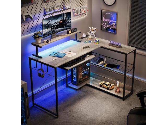 L Shaped Gaming Desk with Power Outlets & RGB Lights, 46'' L- Shaped Desk Computer Corner Desk with Monitor Stand & Storage Shelf & Hook, Home...