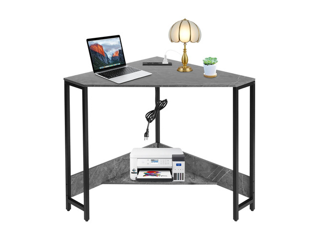 Corner Small Desk with Outlets, Triangle Desk with Storage, for Small Space Home Office, Workstation, Living Room, Bedroom (Grey)