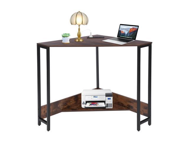 Corner Small Desk with Outlets, Triangle Desk with Storage, for Small Space Home Office, Workstation, Living Room, Bedroom (Brown)