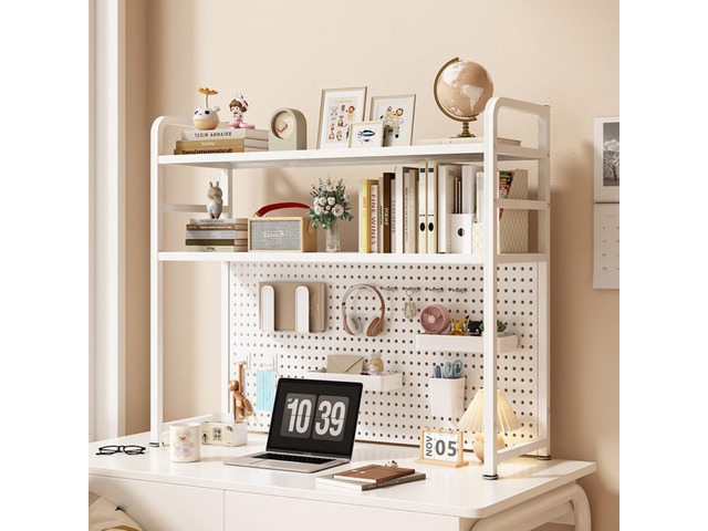 2 Tiers Freestanding Desk Bookshelf, 38 Inch Desktop Bookcase Display Shelf Rack Modern Desk Shelf Organizer Desk Storage Organizer White for...
