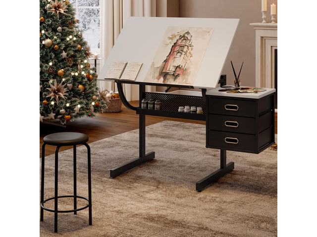 Drafting Table Desk w/Stool, Painting Drawing Table Art Craft Desk Crafting Table with MDF Top, 3 Storage Drawers and Powder-Coated Steel Frame...
