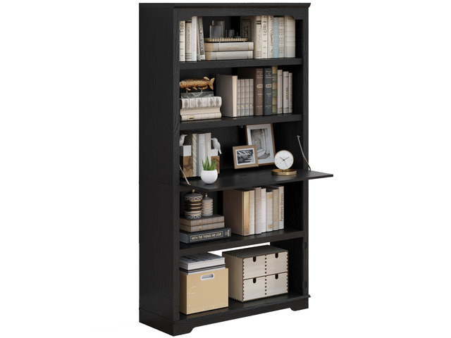 71 inch Tall Bookcase, 5-Tier Open Display Storage Shelf, with Flip-Down Door on 3rd Book Shelf, 37 inch Wide Freestanding Bookshelves for Home,...