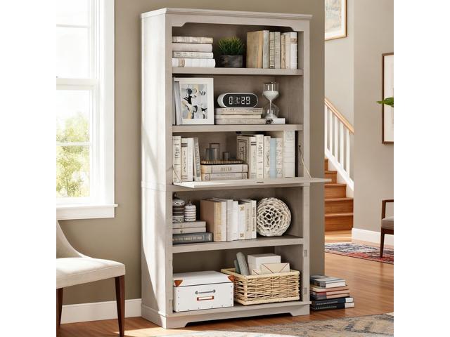 5 Tier Bookcase Wooden 71' Tall Bookshelf with Flip-Down Door on 3rd Book Shelf, 37 in Wide Freestanding Bookshelves for Home, Office, Library (White)