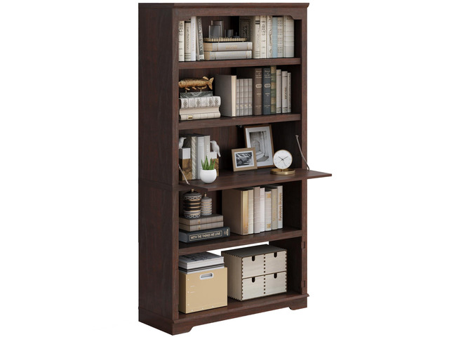 71' Tall Bookcase, 5-Tier Open Display Storage Shelf, 37 inch Wide Freestanding Bookshelves with Flip-Down Door on 3rd Book Shelf for Home, Office,...