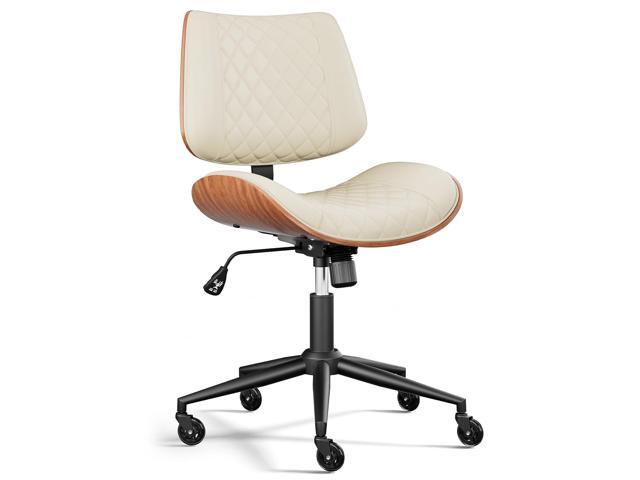 Armless Office Chair with Silent Rubber Wheels, Mid Century Modern Small Desk Chair, No Arms Leather Computer Chair for Home Office, Swivel Vanity.