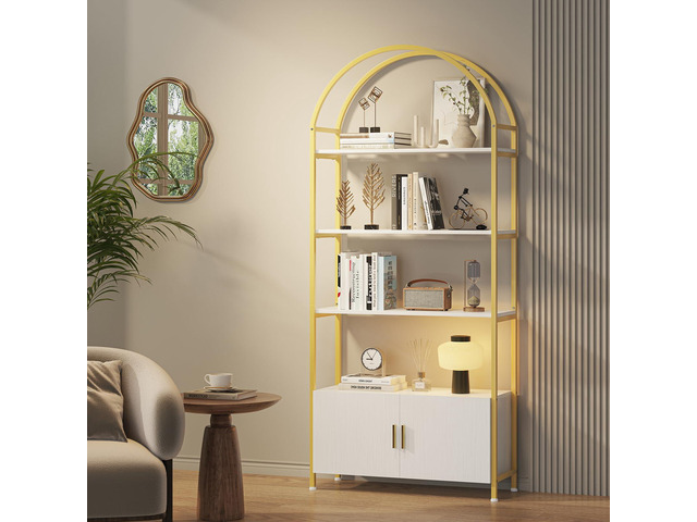 Arched Gold Bookshelf with Doors, 71' Tall Bookcase with Sturdy Metal Frame, Freestanding Display Shelving Unit, White and Gold Geometric Shelf for...