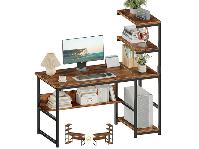 47' Computer Desk with Bookshelf & Storage Shelves, Home Office Desk with 4-Tier Open Shelves, Modern Writing Desk with Glossy Finish, Easy Clean...
