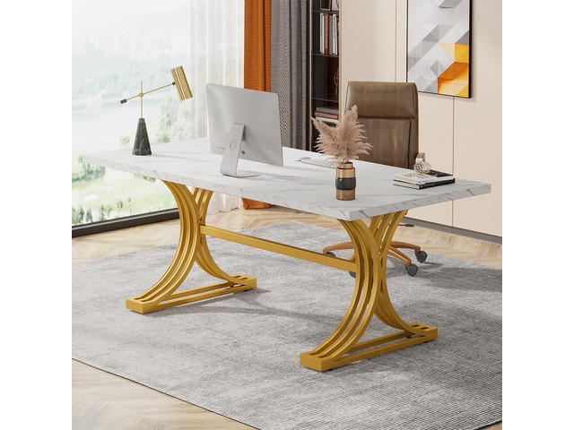 63-Inch Large Office Desk, Modern Rectangular Executive Desk with Stylish Gold Legs, Wood Faux Marble Table, Business Furniture for Home Office,...