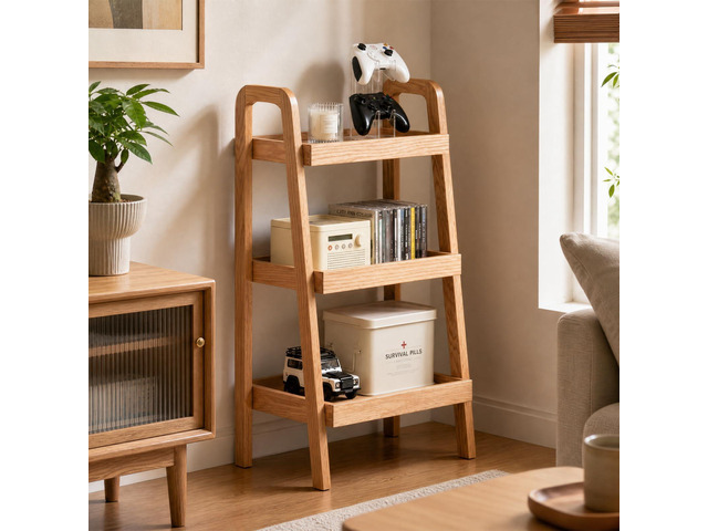 Solid Oak 3-Tier Ladder Bookshelf Narrow Freestanding Shelf with Natural Finish, Space-Saving Storage for Living Room, Bedroom & Small Spaces