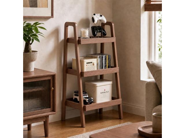 Walnut Finish 3 Tier Ladder Shelf, Solid Oak Wood Bookshelf with A-Frame, Narrow Freestanding Storage Unit for Living Room, Bedroom, Entryway,...