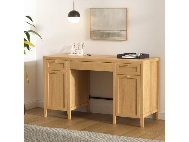 52' Executive Desk with Storage Drawer, Farmhouse Home Office Desk with Storage Cabinet Wood Computer Writing Desk for Study Office, Natural Oak