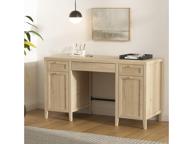 52' Executive Desk with Storage Drawer, Farmhouse Home Office Desk with Storage Cabinet Wood Computer Writing Desk for Study Office, Light Oak