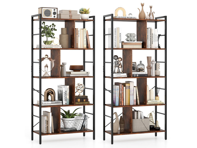 5-Tier Tall Bookshelves Set of 2, 61' Industrial Bookcase w/Metal Frame, Storage Organizer w/Anti-toppling Kits, Display Rack Shelving Unit for...