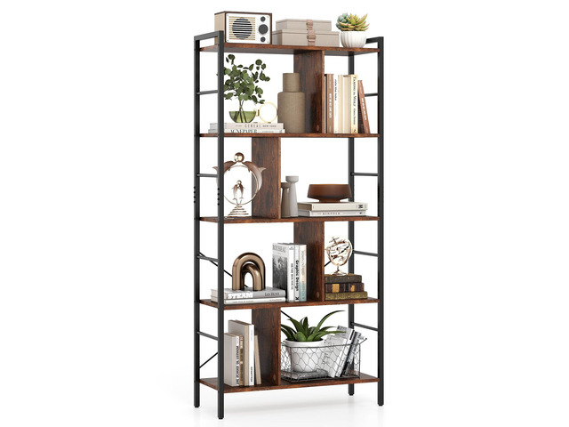 5-Tier Tall Bookshelf, 61' Industrial Bookcase w/Metal Frame, Storage Organizer w/Anti-toppling Kits, Display Rack Shelving Unit for Living Room,...