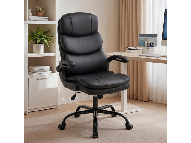 Ergonomic Office Chair High Back with Lumbar Support, PU Leather Executive Desk Chair, Adjustable Height & Flip-Up Arms, Swivel Rolling Computer...