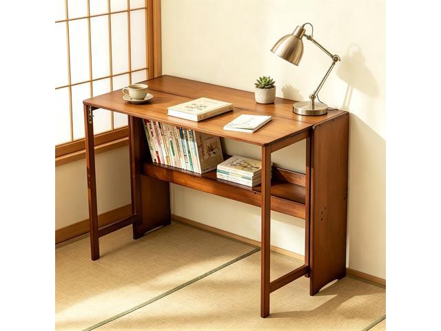 Bamboo Folding Desk, Laptop Desk Writing Desk with Storage Shelf Vanity Table Small Computer Table Space Saving Workstation for Home Office