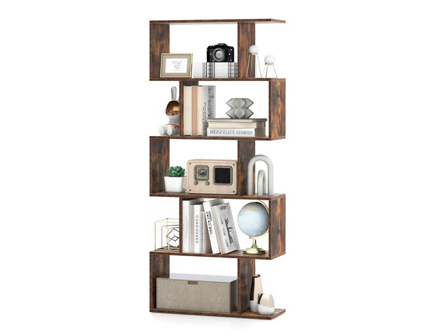 5-Tier Geometric Bookcase, 62.5 Freestanding Room Divider Bookshelf with Open Display Shelves & Anti-tip Device, Wood S-Shaped Storage Organizer...
