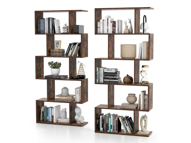 5-Tier Geometric Bookcase Set of 2, 62.5 Freestanding Room Divider Bookshelf with Open Display Shelves & Anti-tip Device, Wood S-Shaped Storage...