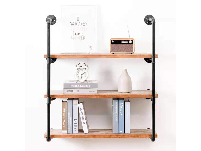 Industrial Wall Mounted Pipe Shelving,Rustic Metal Floating Shelves,Steampunk Real Wood Bookcases,DIY Bookshelf Hanging Shelves,Farmhouse Kitchen...