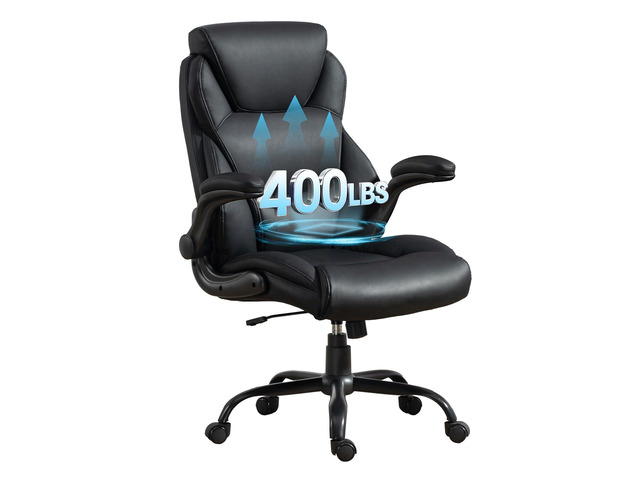 Big and Tall Office Chair 400LBS, Heavy Duty Leather Executive Desk Chair with Flip-Up Arms, High Back Swivel Rolling Computer Chair with Rocking...