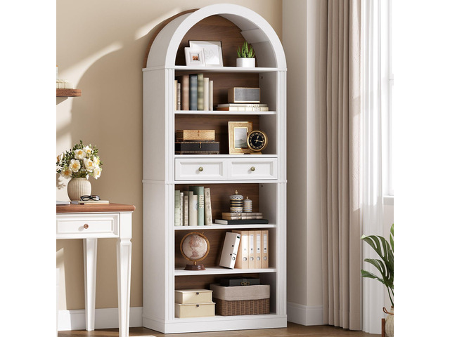 Arched Bookshelf, 73' Tall Arch Bookcase with Drawer, 6-Tier Farmhouse Book Shelf, Wooden Bookshelf with Open Display Shelves for Living Room,...