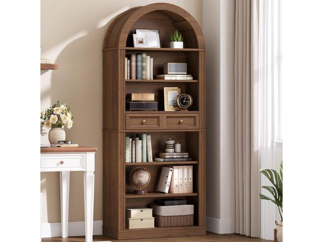 Arched Bookshelf, 73' Tall Arch Bookcase with Drawer, 6-Tier Farmhouse Book Shelf, Wooden Bookshelf with Open Display Shelves for Living Room,.