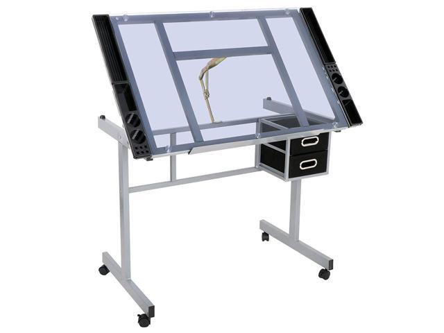 Adjustable Drafting Table Drawing Desk Art Craft Station Drafting Desk Glass Tabletop w/2 Slide Drawers and Wheels for Drawing, Sketching, Reading,...