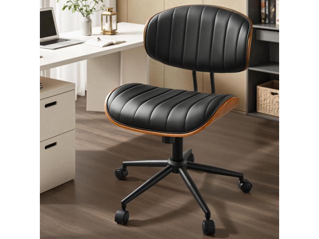 Home Office Chair with Wheels, Modern PU Leather Swivel Computer Desk Chair, Mid Back Adjustable Height Armless Walnut Chairs for Office (Black...