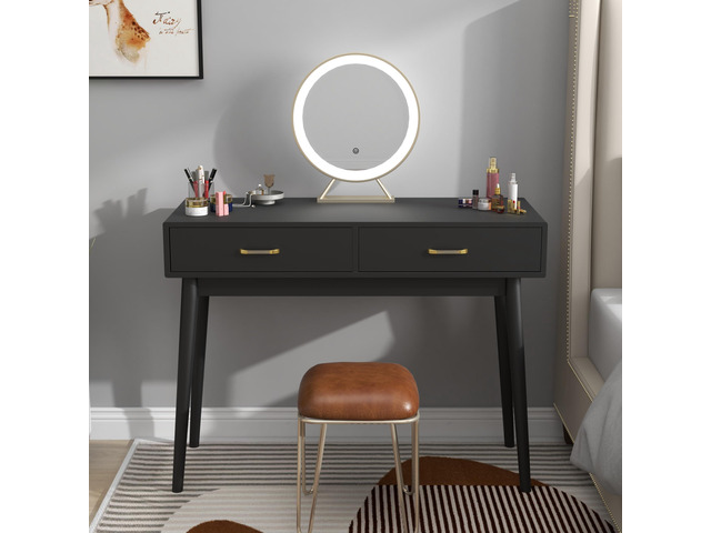 Small Black Desk with 2 Drawers, Modern Writing Desk for Small Spaces, Home Office Desk for Study, Laptop Computer Desk for Work, Makeup Vanity...