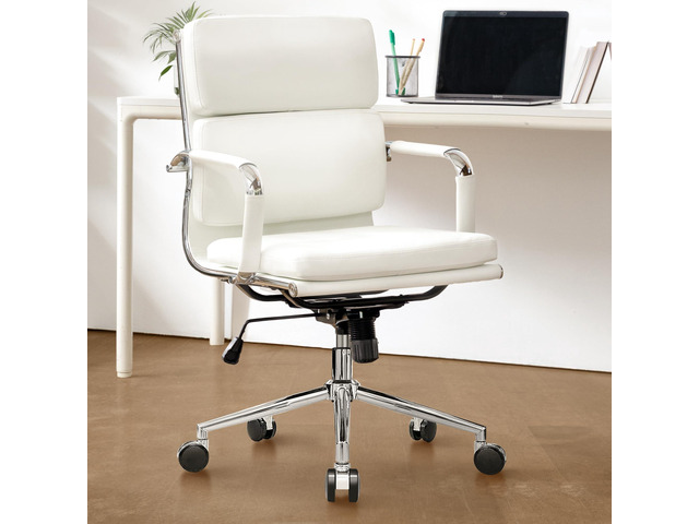 Office Desk Ergonomic Chair Leather Executive Mid-Back Modern Conference Comfy Adjustable Padded Swivel Rolling Home Vanity Chairs with Arms Wheels...