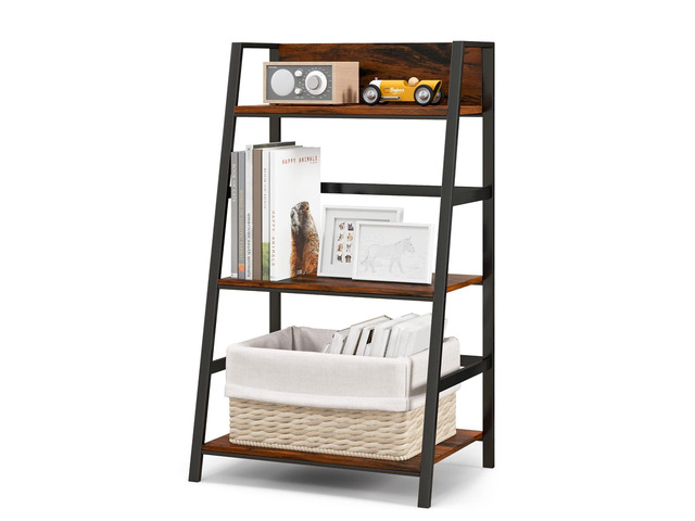 3-Tier Ladder Bookshelf, Industrial Wooden Bookcase w/Metal Frame, Anti-Toppling Device, Freestanding Display Shelf Plant Stand, Storage Rack for...