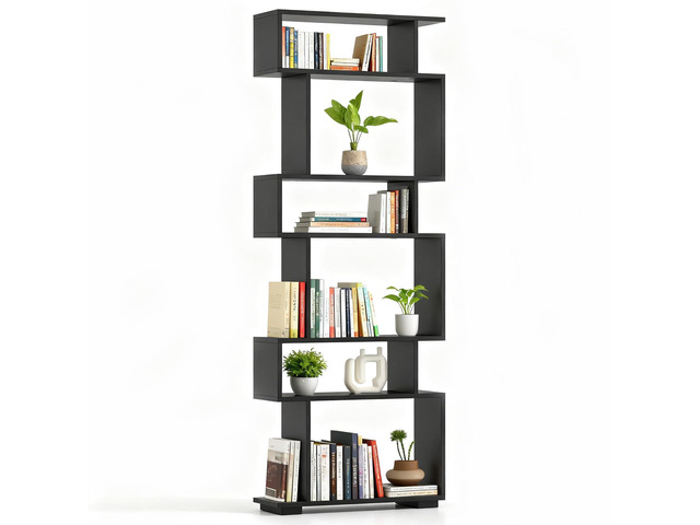 6-Tier S Shaped Bookshelf, Geometric Bookcase with 2 Anti-Tipping Kits, Wooden Storage Shelving Unit, Freestanding Display Shelf for Living Room,...