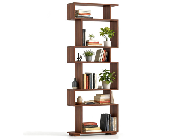6-Tier S Shaped Bookshelf, Geometric Bookcase with 2 Anti-Tipping Kits, Wooden Storage Shelving Unit, Freestanding Display Shelf for Living Room,...