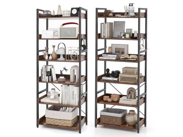 6-Tier Bookshelf, 70 Tall Industrial Bookcase w/Open Shelves & 4 Hooks, Storage Rack w/Metal Frame, Vintage Standing Display Rack for Study Living.
