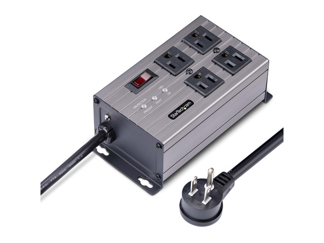 Flat Plug 4-Outlet Heavy Duty Industrial Power Strip 125V/15A with Surge Protector, EMI/RFI Isolation, Mountable PDU, 8ft/2.4m Extension Power...